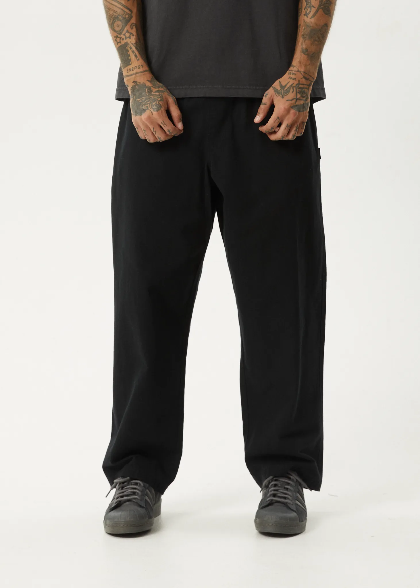 AFENDS Mens Ninety Eights - Baggy Elastic Waist Pants - Black