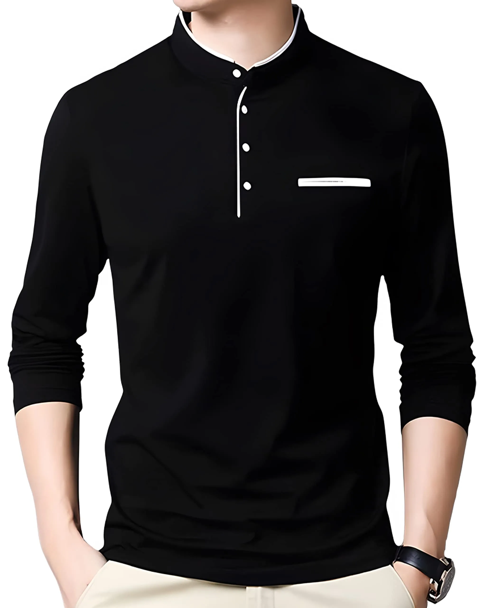 AUSK Men's Cotton Henley Neck Full Sleeve Solid Regular Fit T-Shirt (Large, Black)