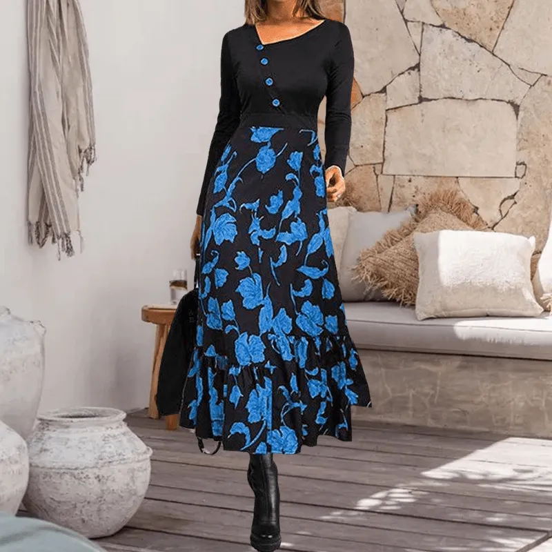 Black Print Long Sleeve Button Dress