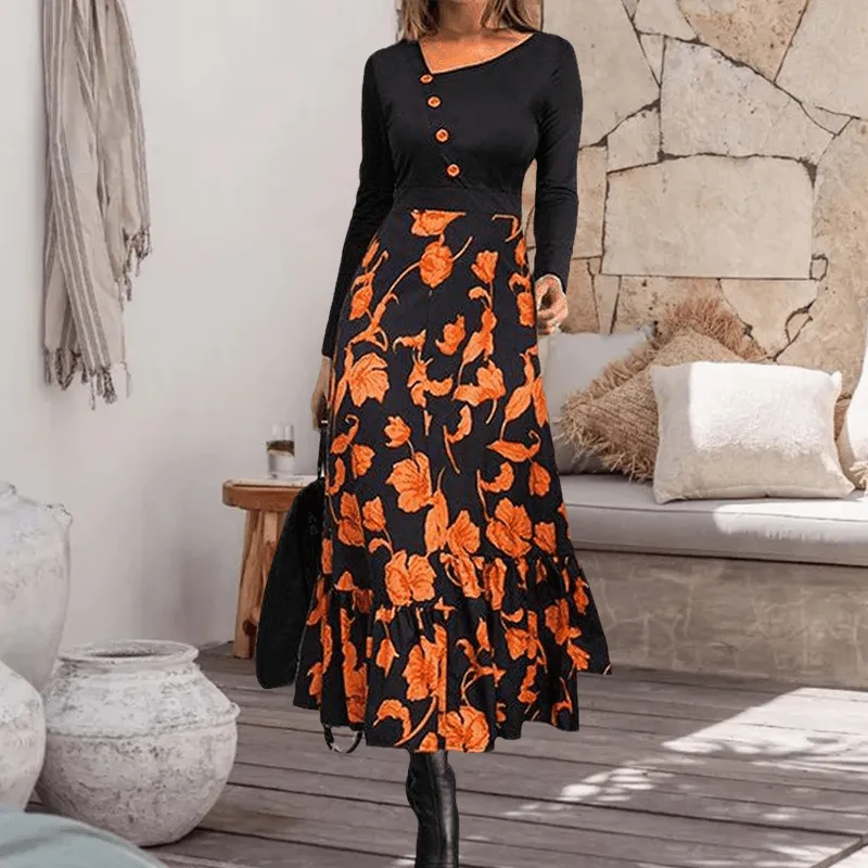 Black Print Long Sleeve Button Dress