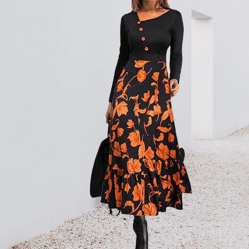 Black Print Long Sleeve Button Dress