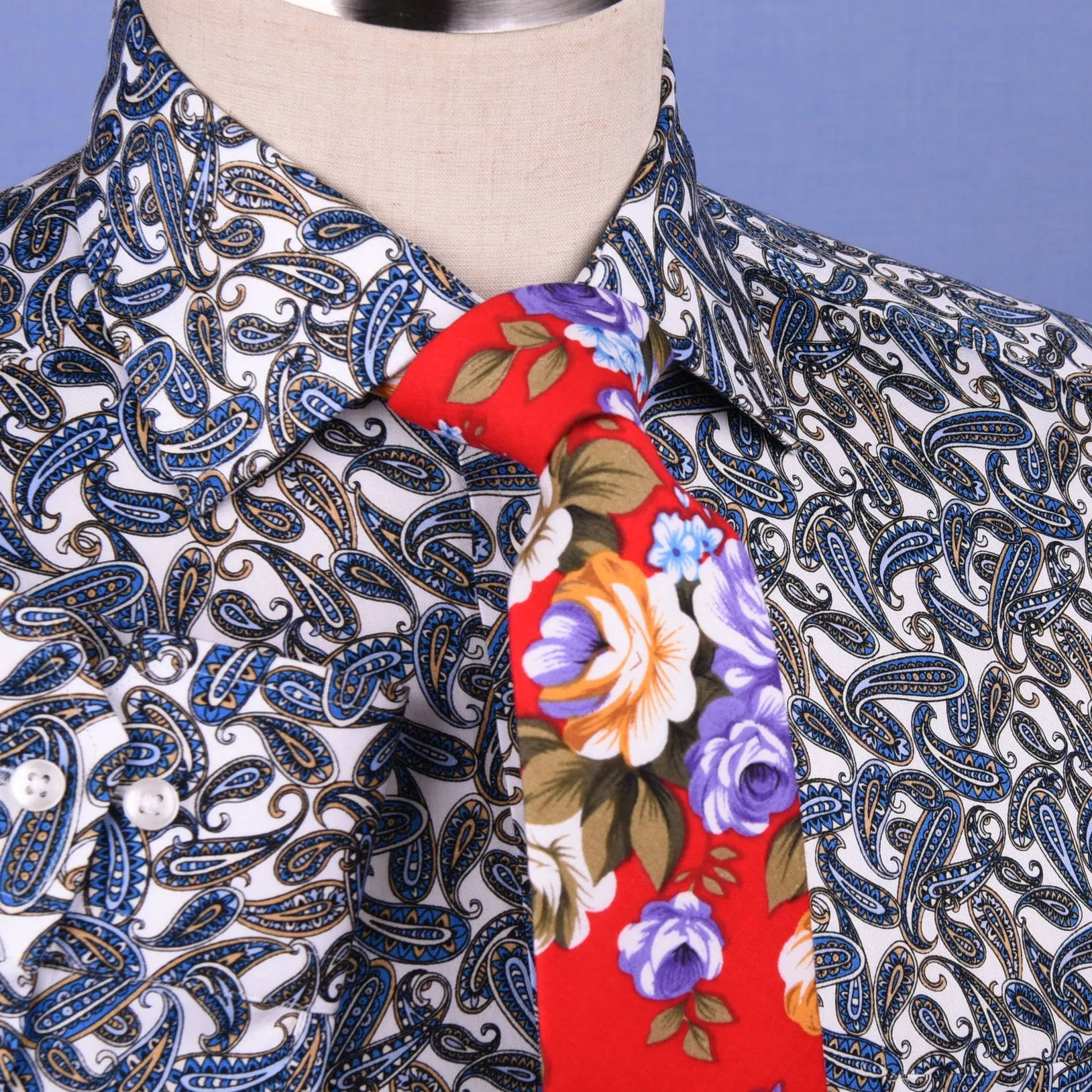 Blue Big Paisley Unique Designed Both Casual & Formal Business Smart Dress Shirt in Single Button Cuffs