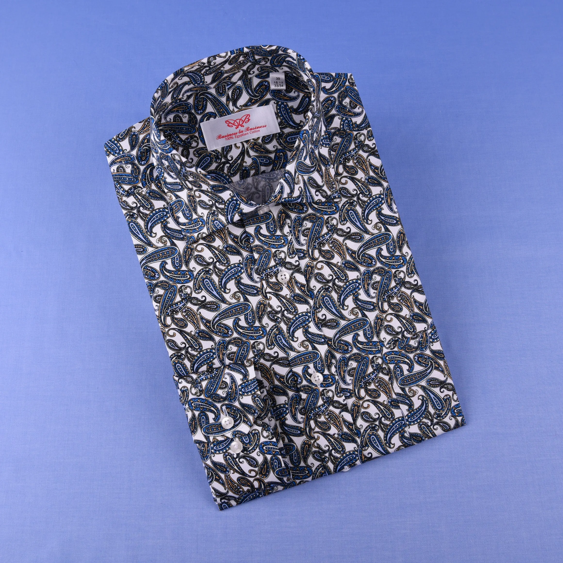 Blue Big Paisley Unique Designed Both Casual & Formal Business Smart Dress Shirt in Single Button Cuffs