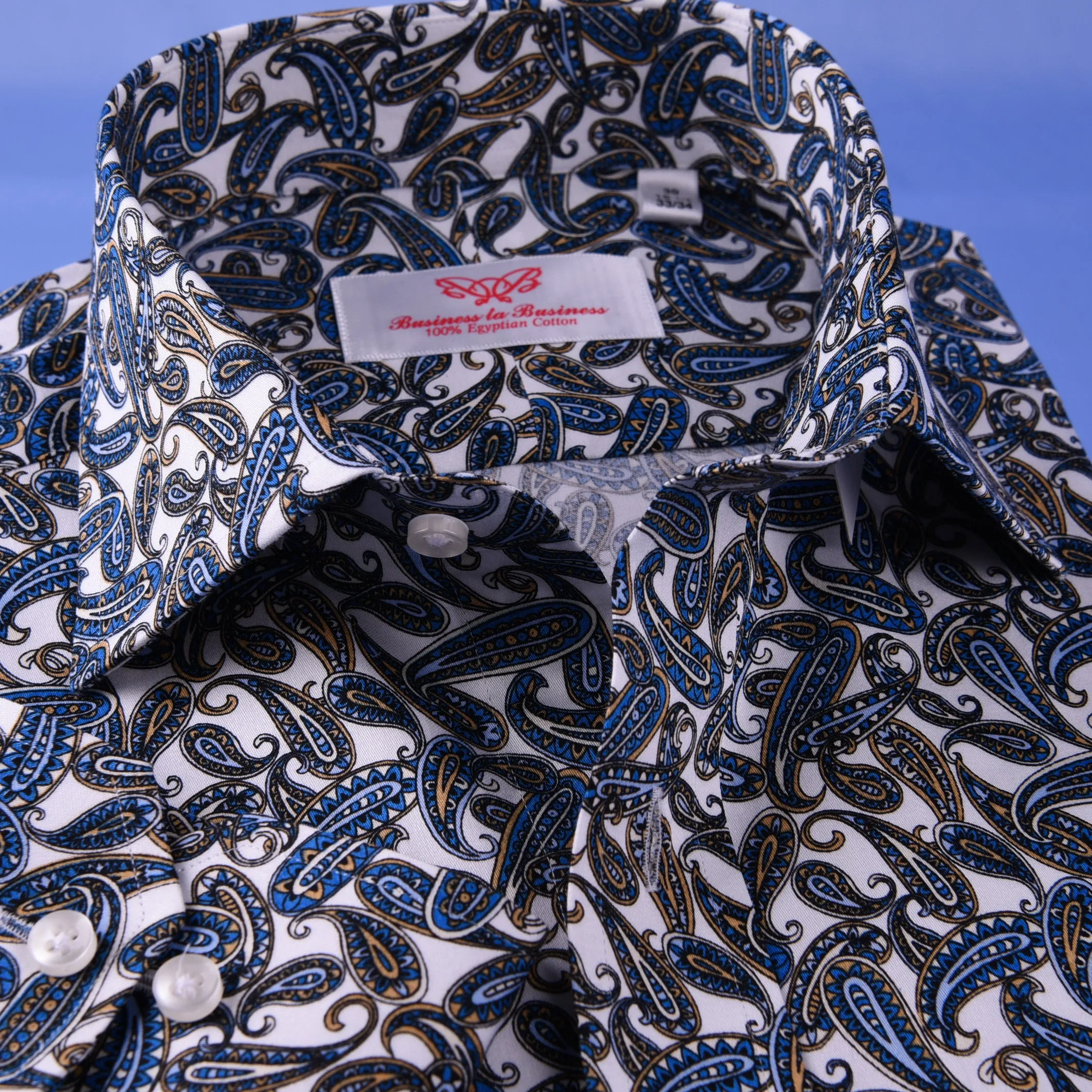 Blue Big Paisley Unique Designed Both Casual & Formal Business Smart Dress Shirt in Single Button Cuffs