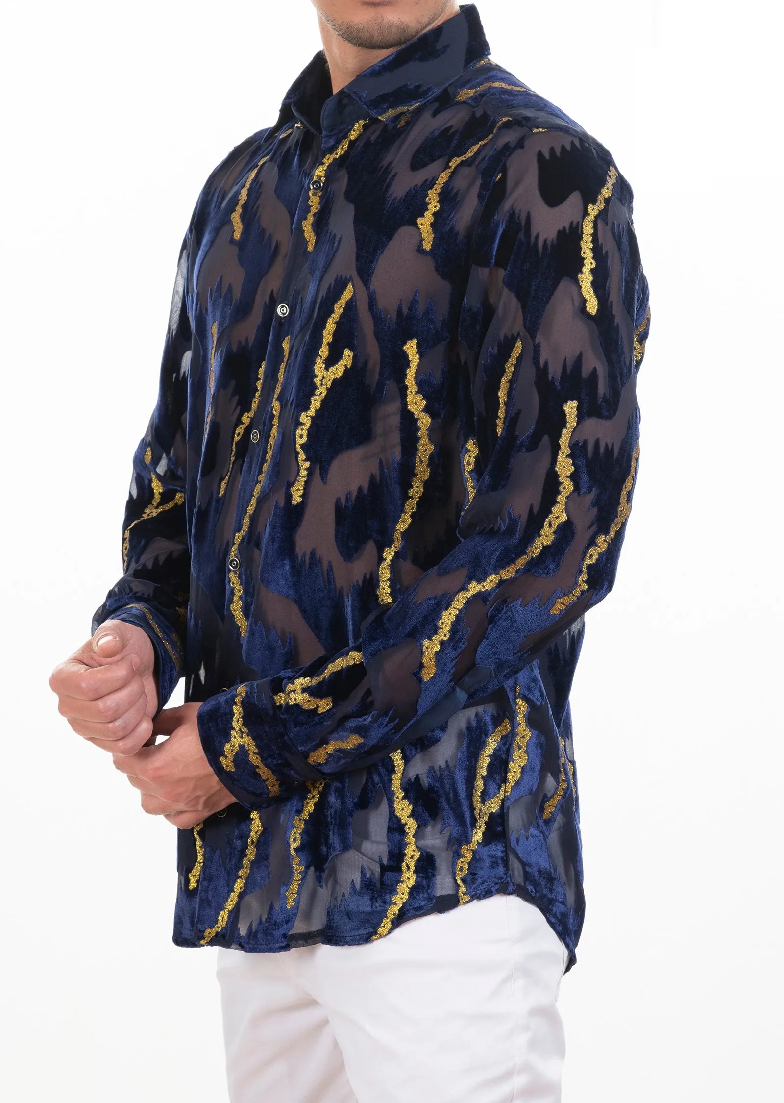 Blue Gold Foil Velvet Sheer Shirt