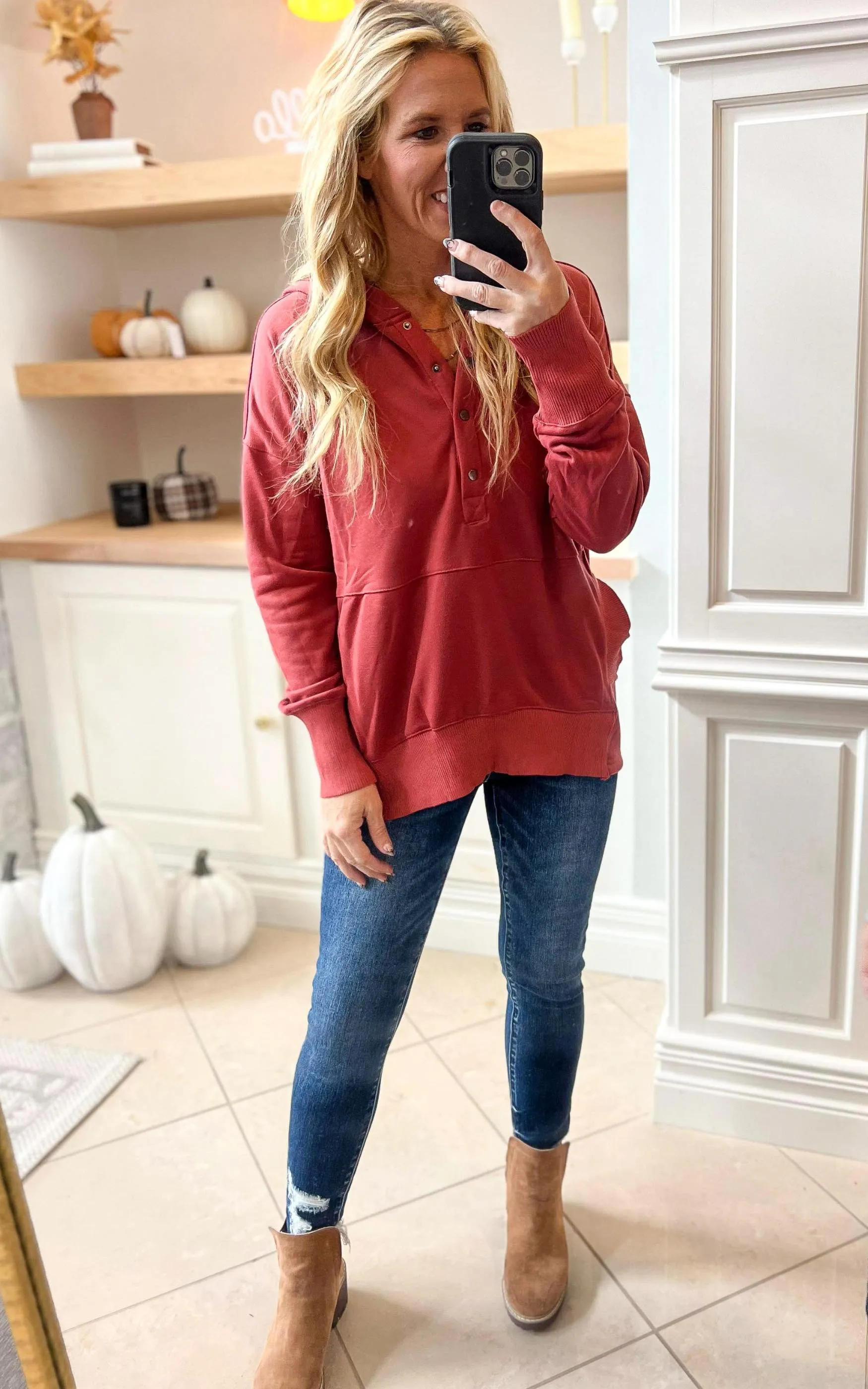 Brick Oversized Drop Shoulder Half Button Knit Hoodie - Final Sale