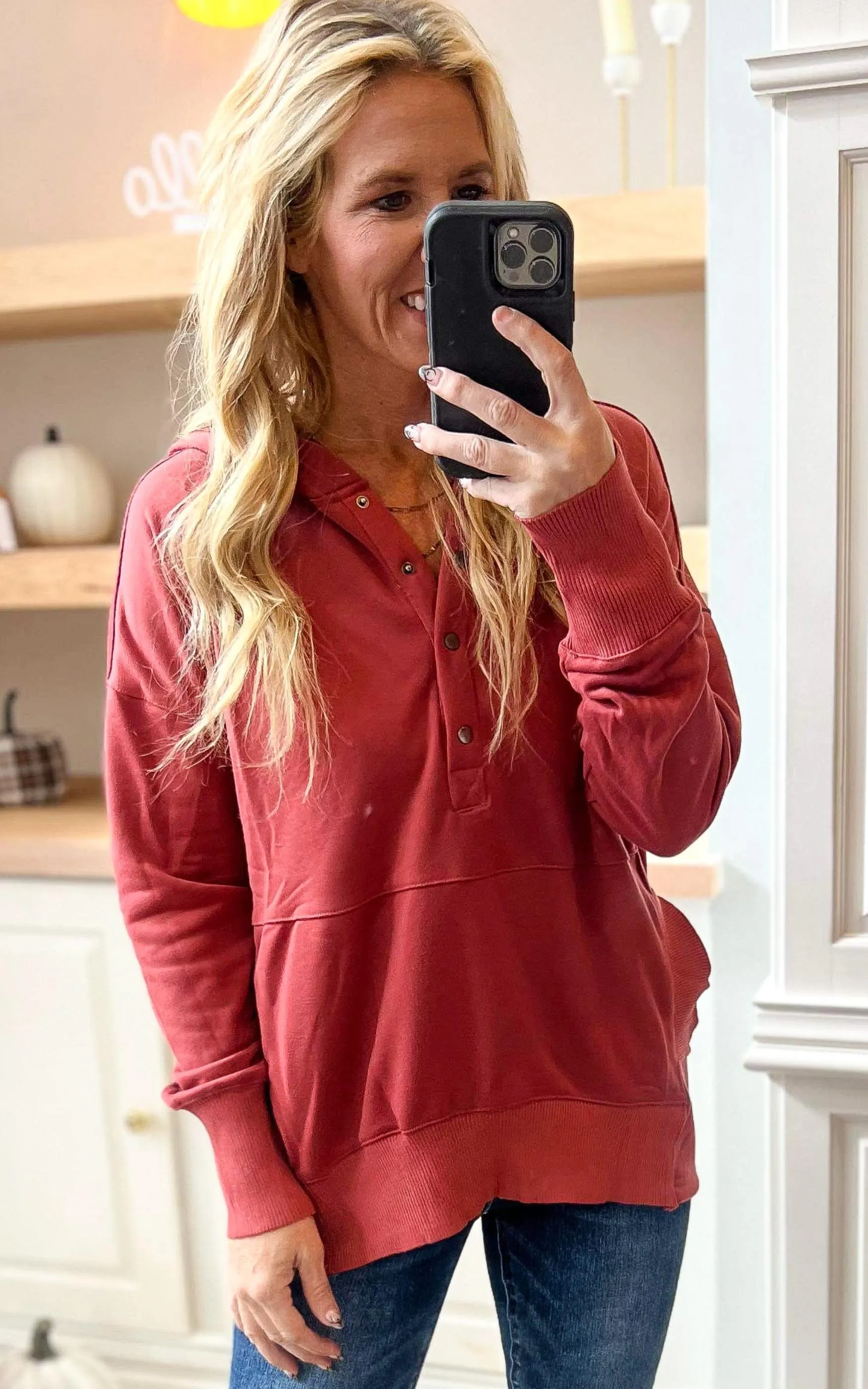 Brick Oversized Drop Shoulder Half Button Knit Hoodie - Final Sale