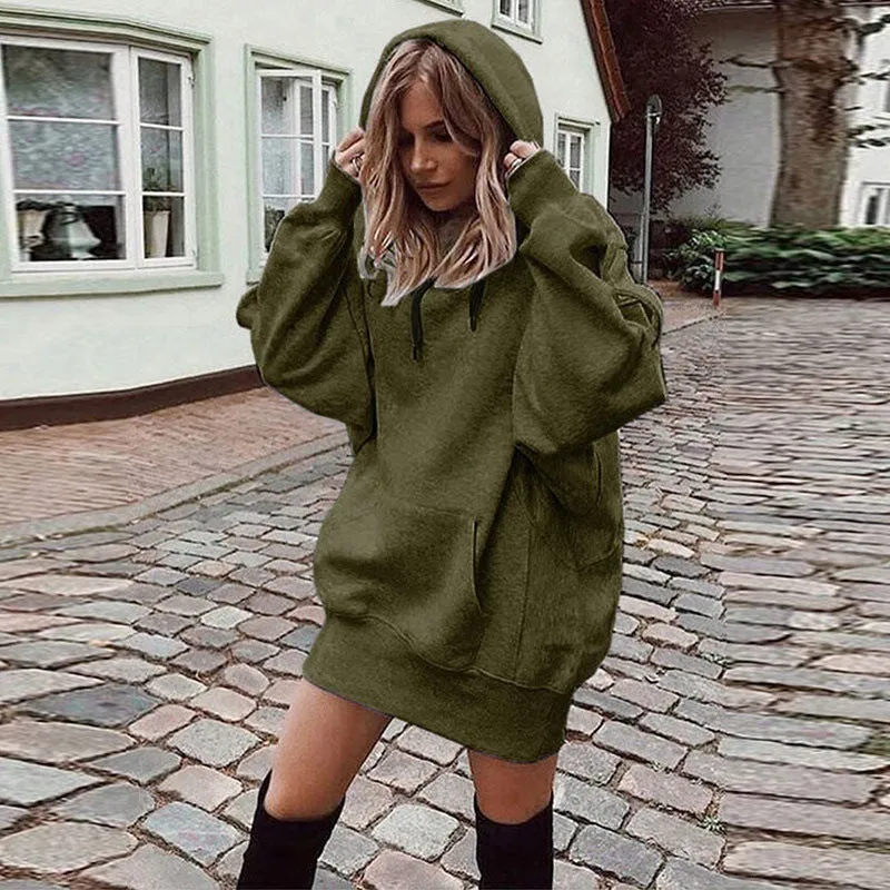 Casual Drawstring Hooded Sweatshirt Long Sleeve Solid Color Slim Wholesale Women Clothing