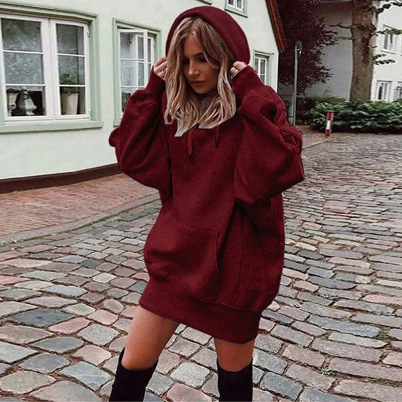 Casual Drawstring Hooded Sweatshirt Long Sleeve Solid Color Slim Wholesale Women Clothing