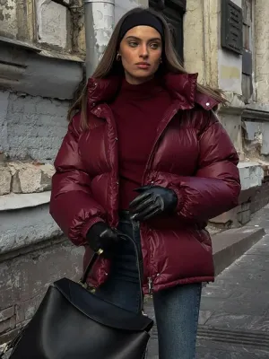 Fashionkova Christmas Gift Outfit Elegant Burgundy Warm Stand Collar Full Sleeve Down Coat Chic Solid Color Zipper Cotton Jacket Winter New Woman High Street Wear