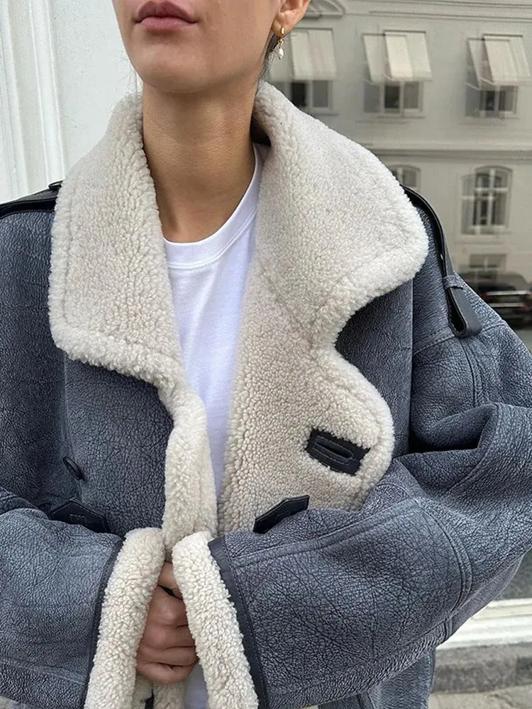 Fashionkova Fashion Blue Lamb Wool Lined Thick Coat Women Casual Single Breasted Lapel Pocket Warm Jacket 2024 Winter New Lady Chic Outwear