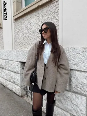 Fashionkova Women Vintage Blends Fit Blazer Coat Fashion Loose Double Breasted Long Sleeve Pockets Female Jackets Chic Lady Commuter Coats