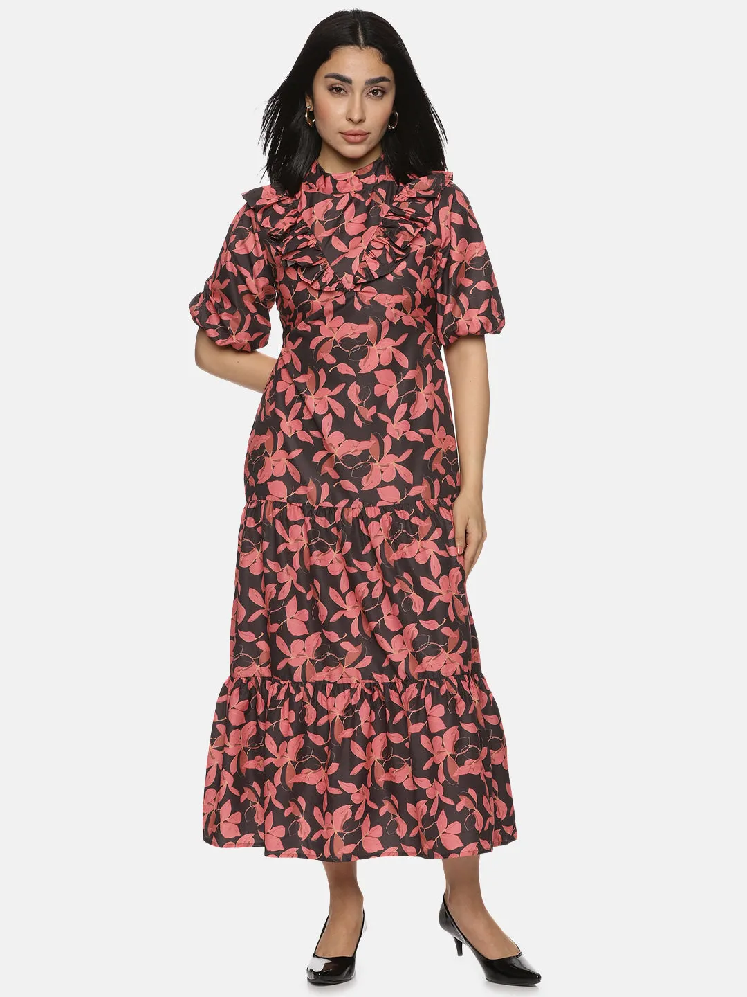 Floral Black High Neck Midaxi Dress