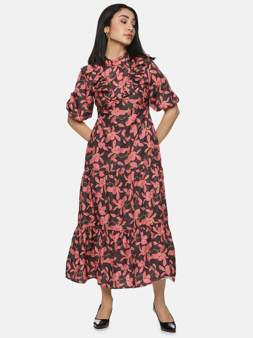 Floral Black High Neck Midaxi Dress