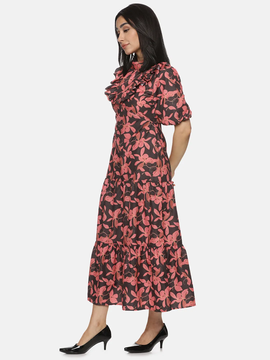 Floral Black High Neck Midaxi Dress