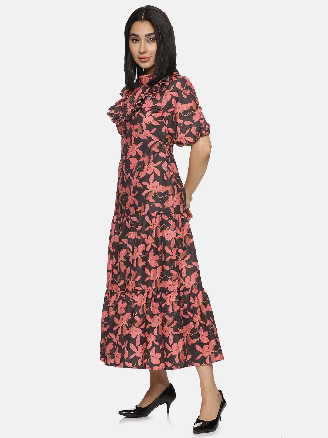 Floral Black High Neck Midaxi Dress