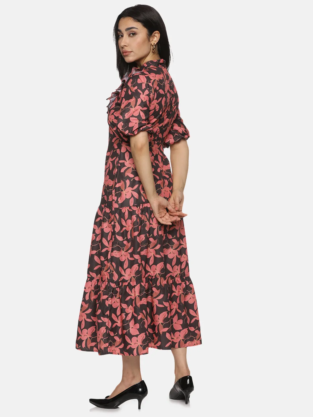 Floral Black High Neck Midaxi Dress