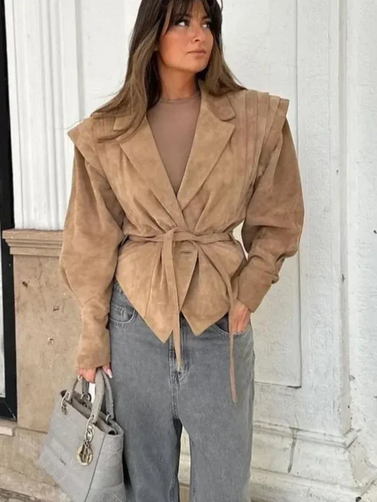 Flytonn-Women Chic Lapel One Button With Belt Jacket Fashion Long Sleeve Irregular Hem Short Coats Casual Autumn Lady New Outerwear