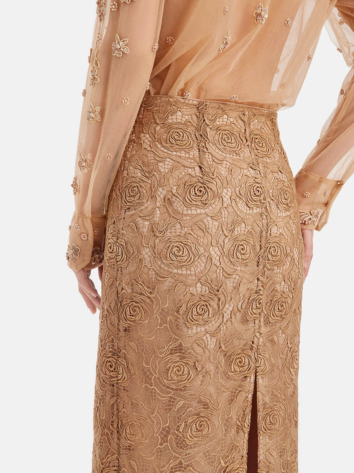 French Rose Embroidered Midi Skirt