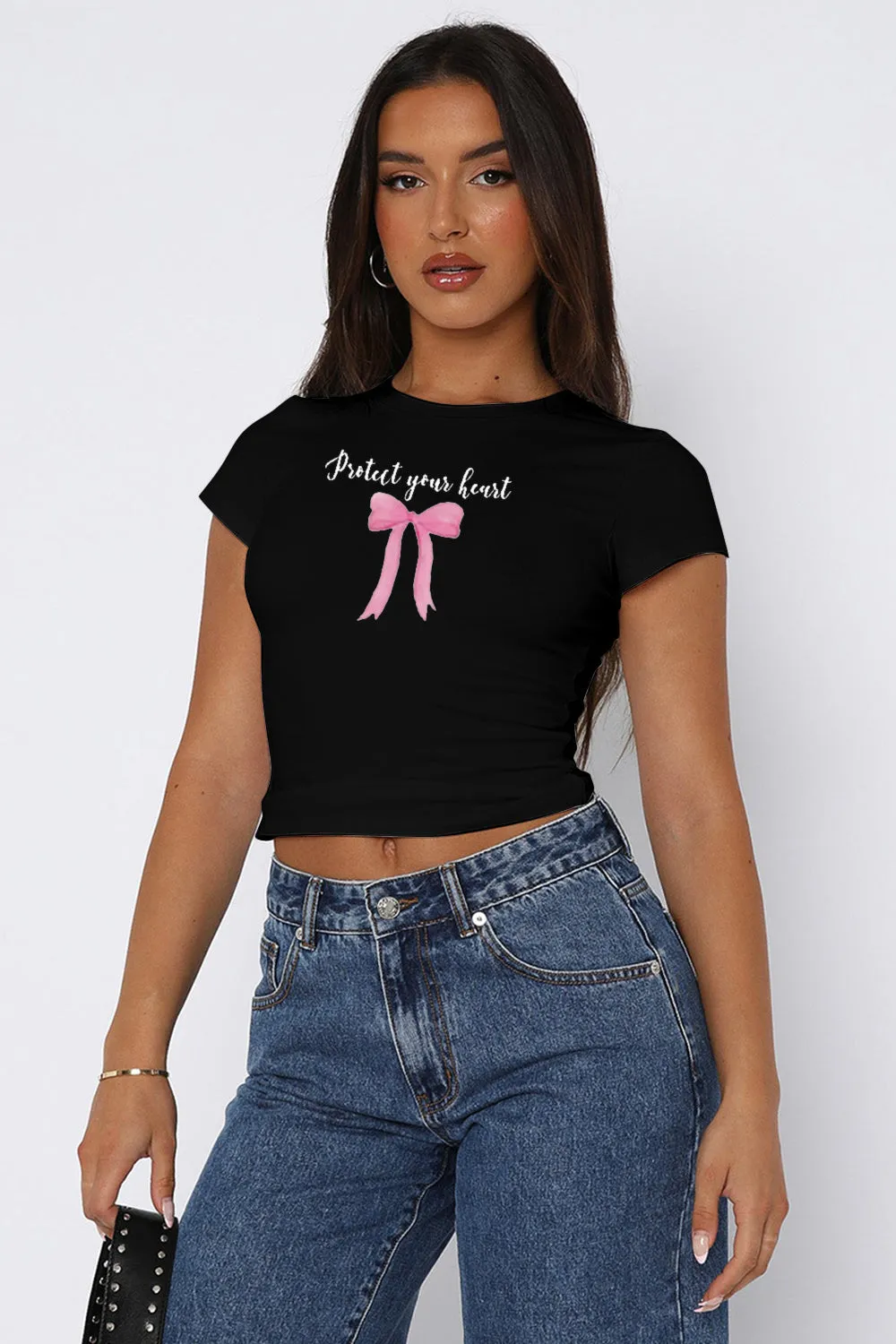 Graphic T Shirt Protect Your Heart Quote Bow Round Neck Short Sleeve Crop Top Women's Fashion