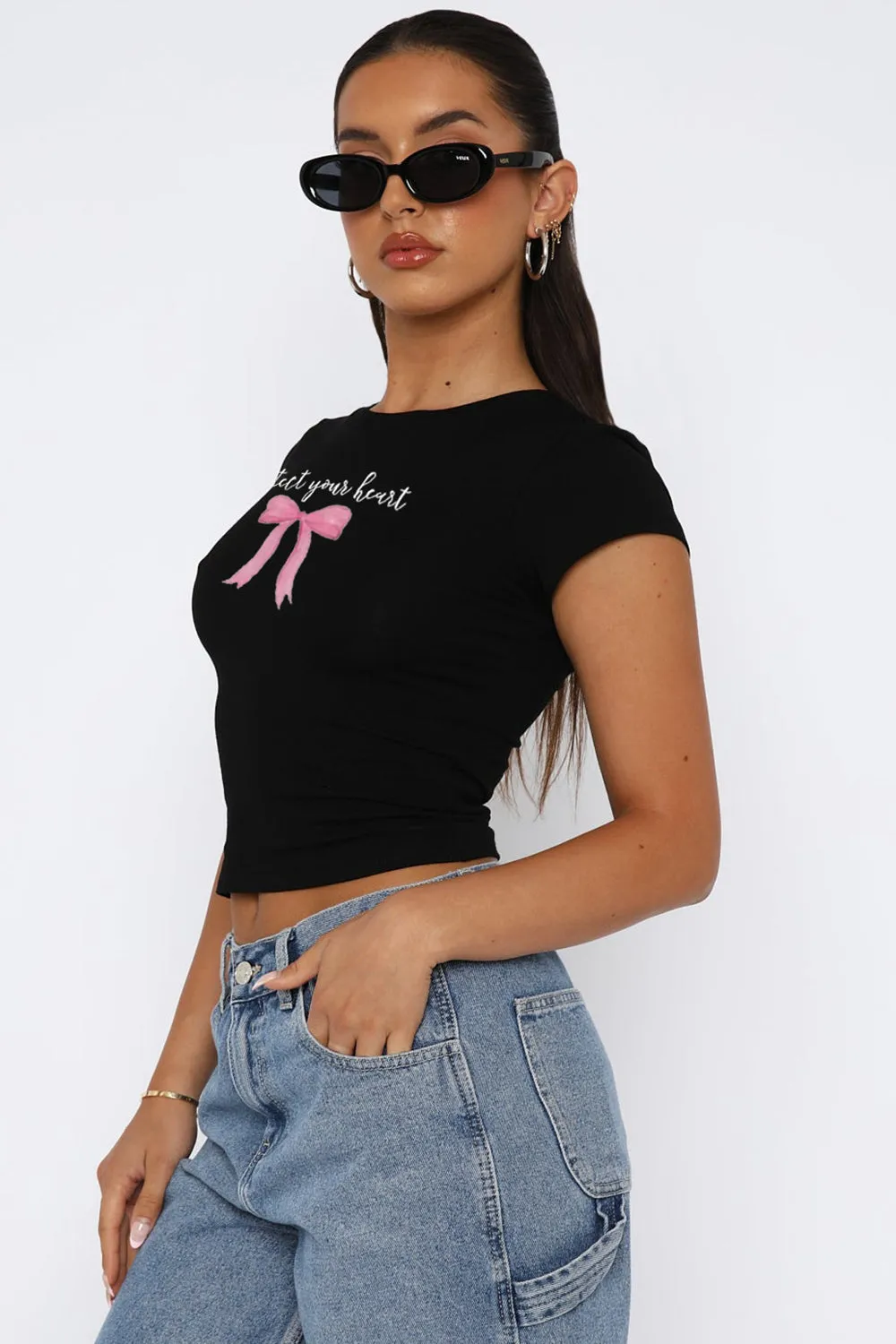 Graphic T Shirt Protect Your Heart Quote Bow Round Neck Short Sleeve Crop Top Women's Fashion