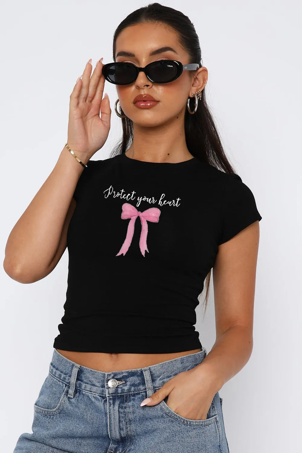 Graphic T Shirt Protect Your Heart Quote Bow Round Neck Short Sleeve Crop Top Women's Fashion