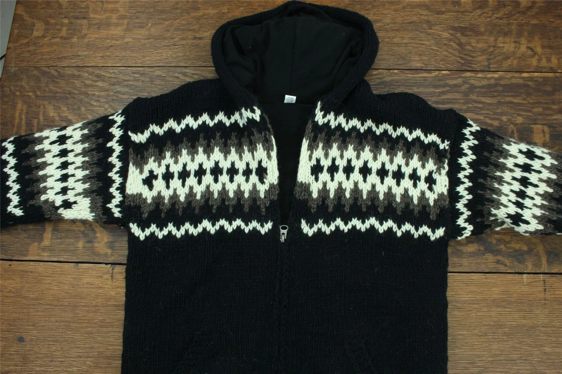 Hand Knitted Wool Hooded Jacket Cardigan - Fairisle Black