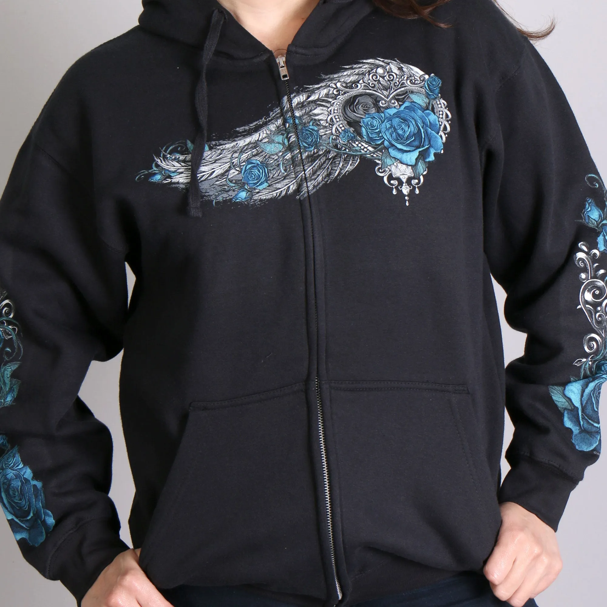 Hot Leathers GLZ4345 Women's 'Angel Roses' Zip Up Hooded Black Sweat Shirt