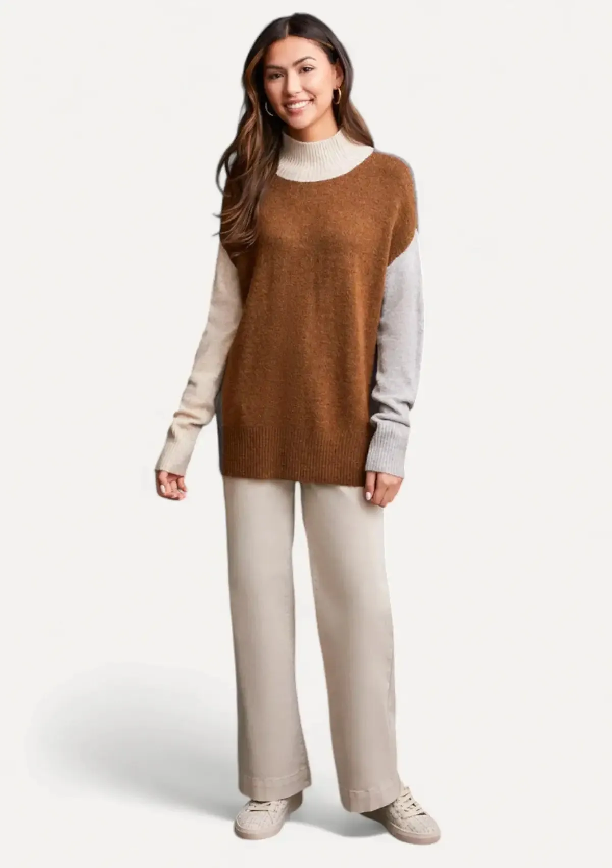 Joelle Mock Neck Color Block Sweater - Walnut