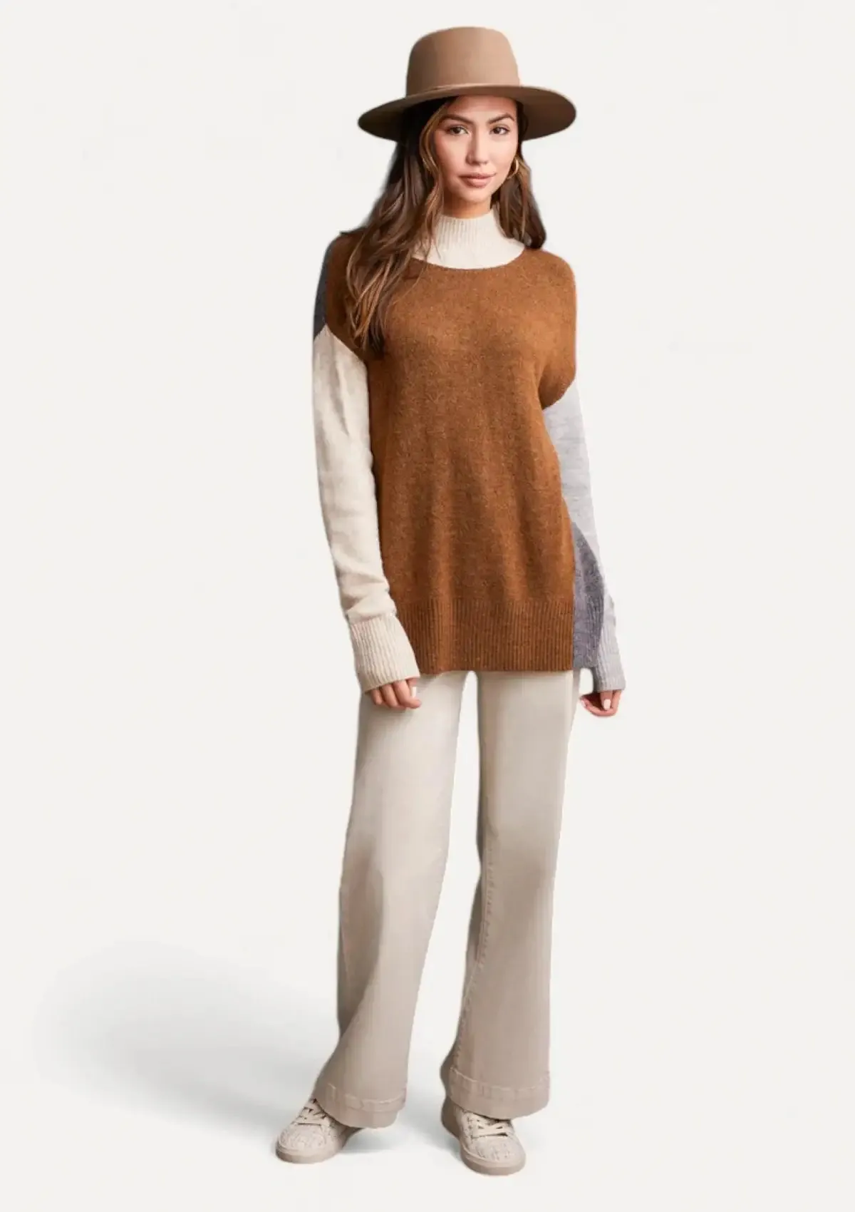 Joelle Mock Neck Color Block Sweater - Walnut