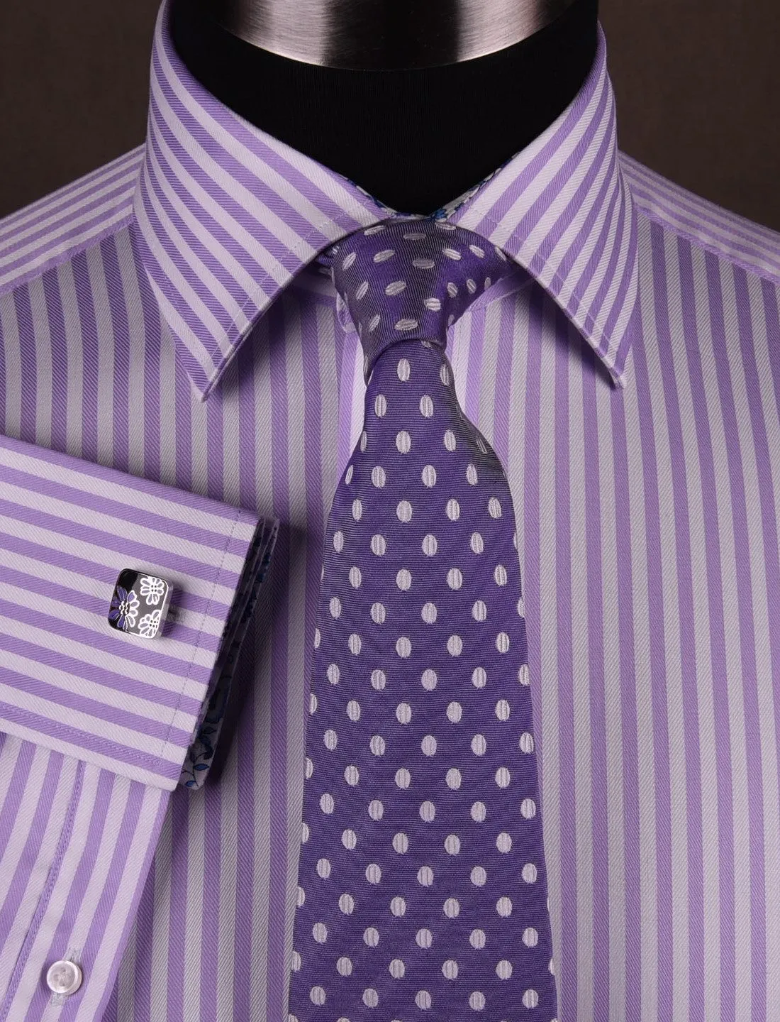 Lilac White Herringbone Formal Business Dress Shirt in Luxury Herringbone Stripe and French Double Cuffs