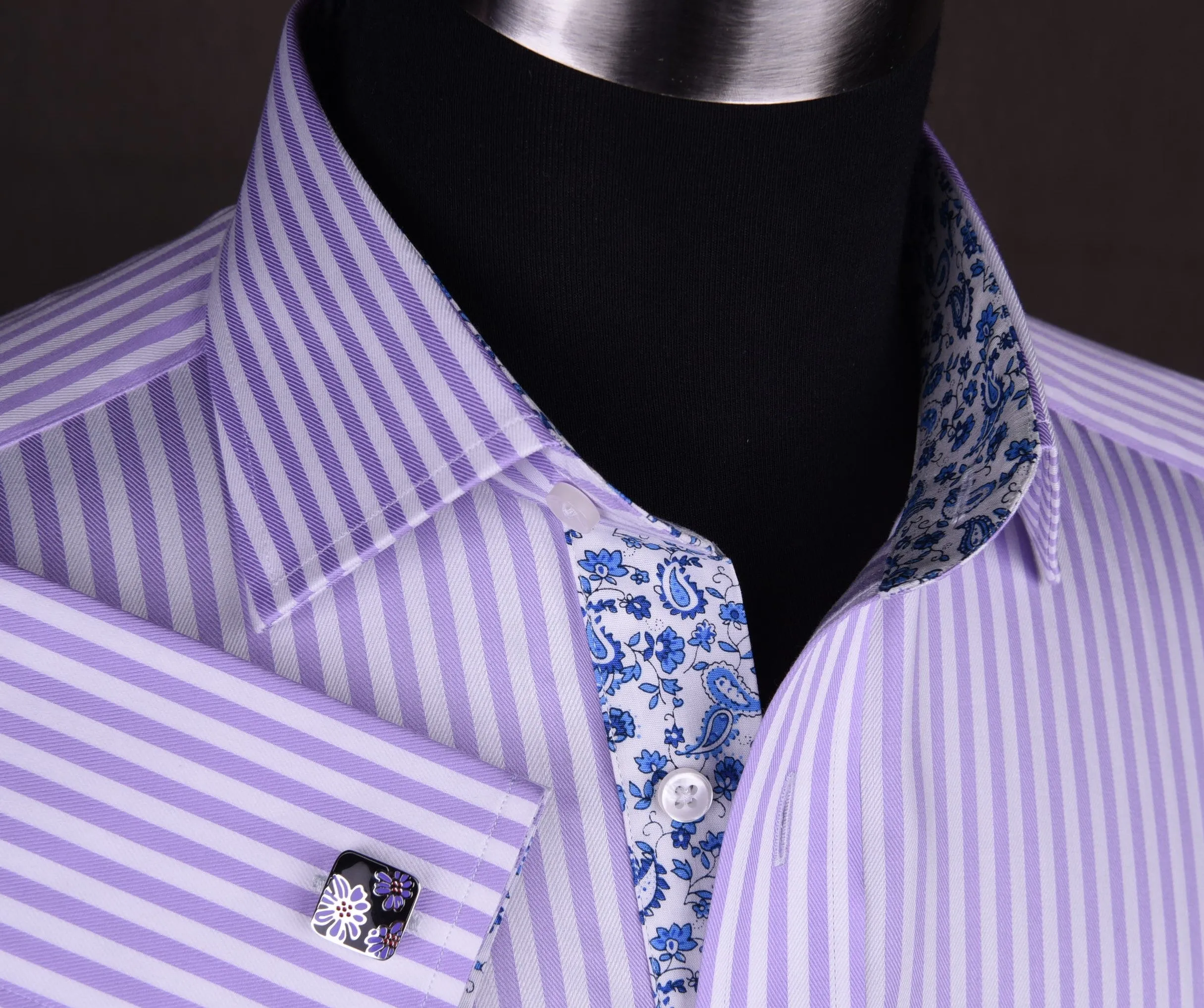 Lilac White Herringbone Formal Business Dress Shirt in Luxury Herringbone Stripe and French Double Cuffs