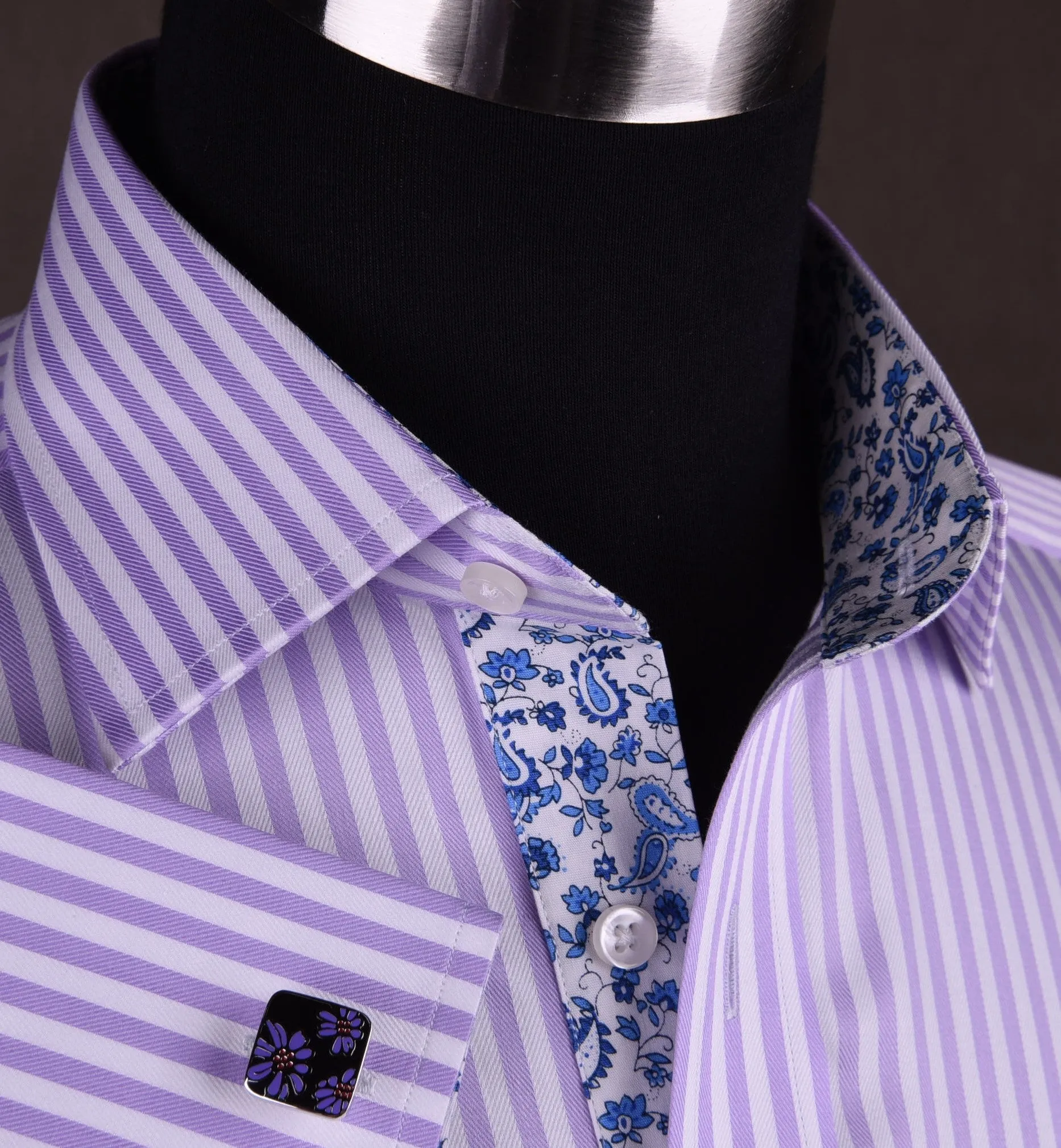 Lilac White Herringbone Formal Business Dress Shirt in Luxury Herringbone Stripe and French Double Cuffs