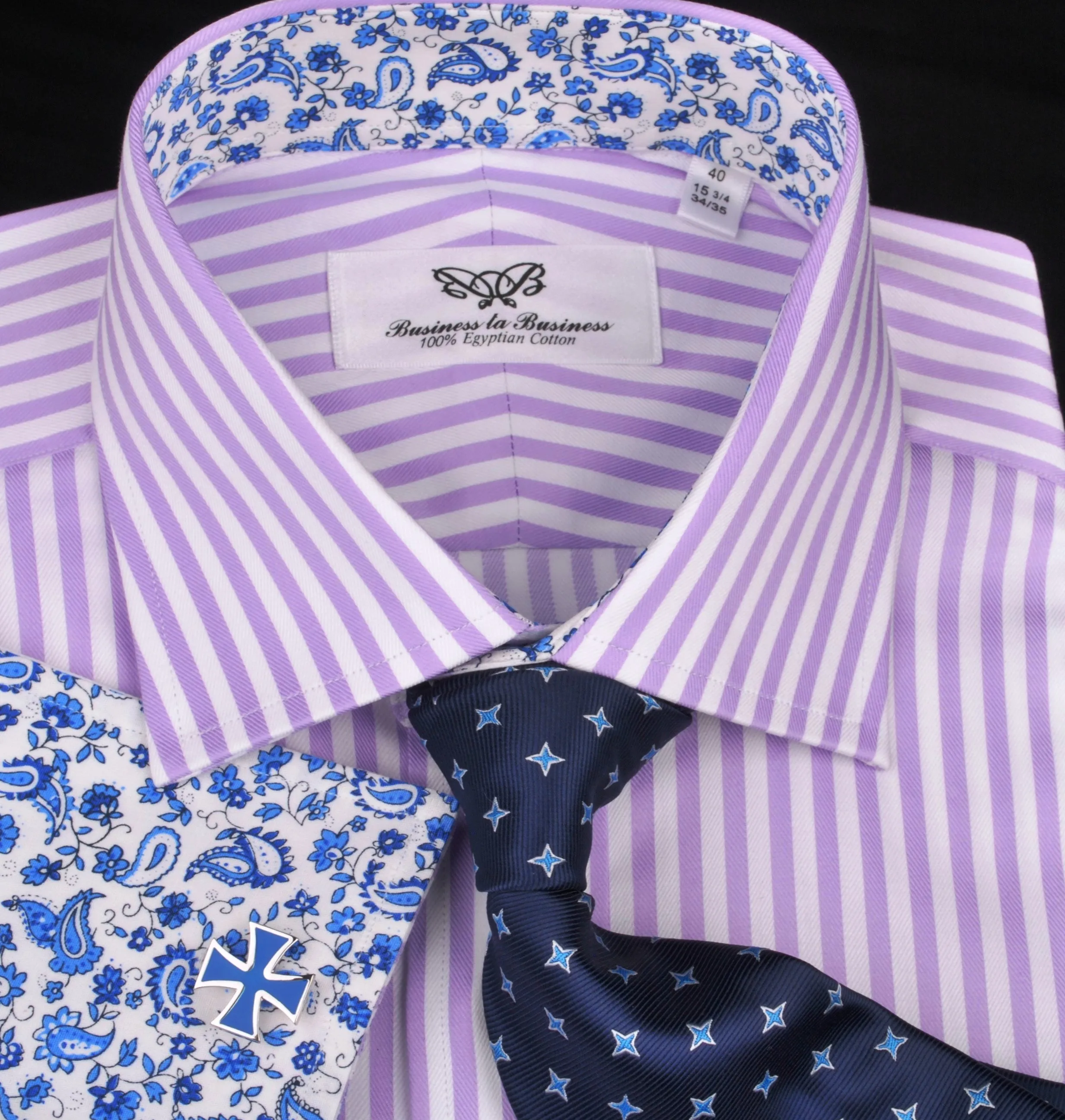 Lilac White Herringbone Formal Business Dress Shirt in Luxury Herringbone Stripe and French Double Cuffs