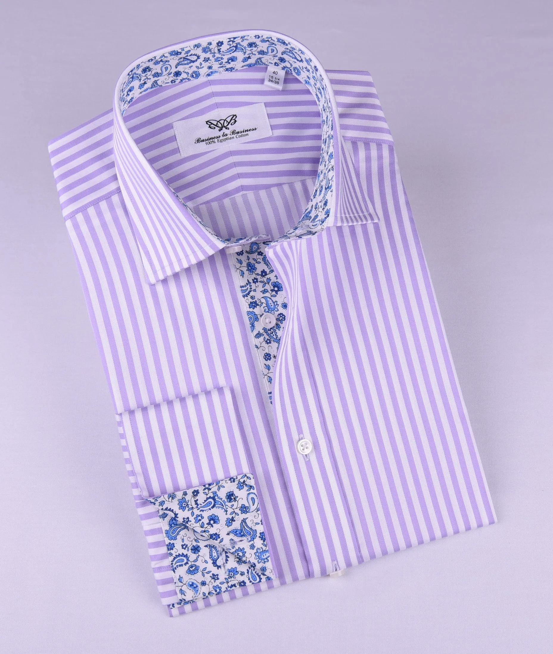 Lilac White Herringbone Formal Business Dress Shirt in Luxury Herringbone Stripe and French Double Cuffs