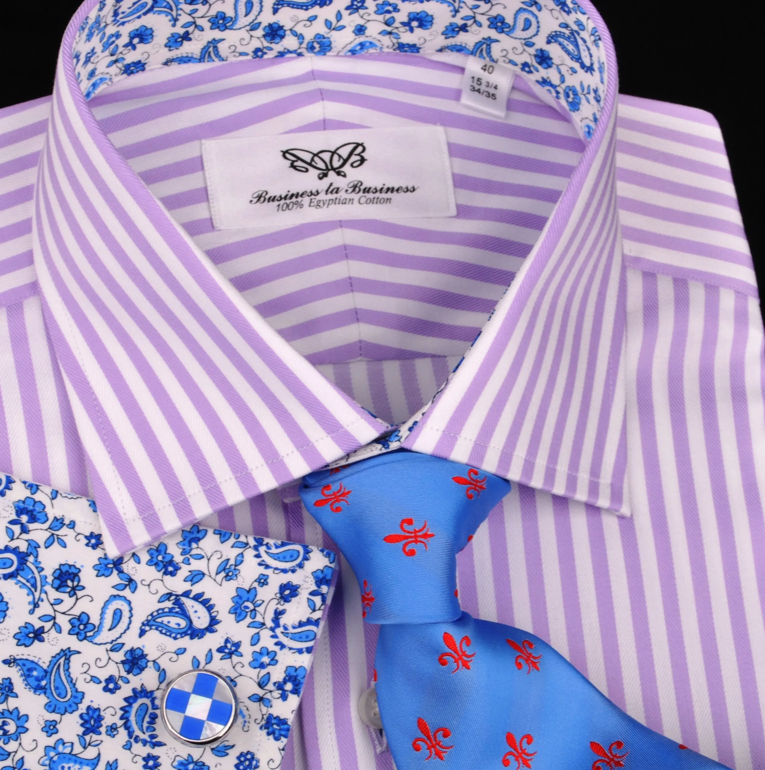 Lilac White Herringbone Formal Business Dress Shirt in Luxury Herringbone Stripe and French Double Cuffs