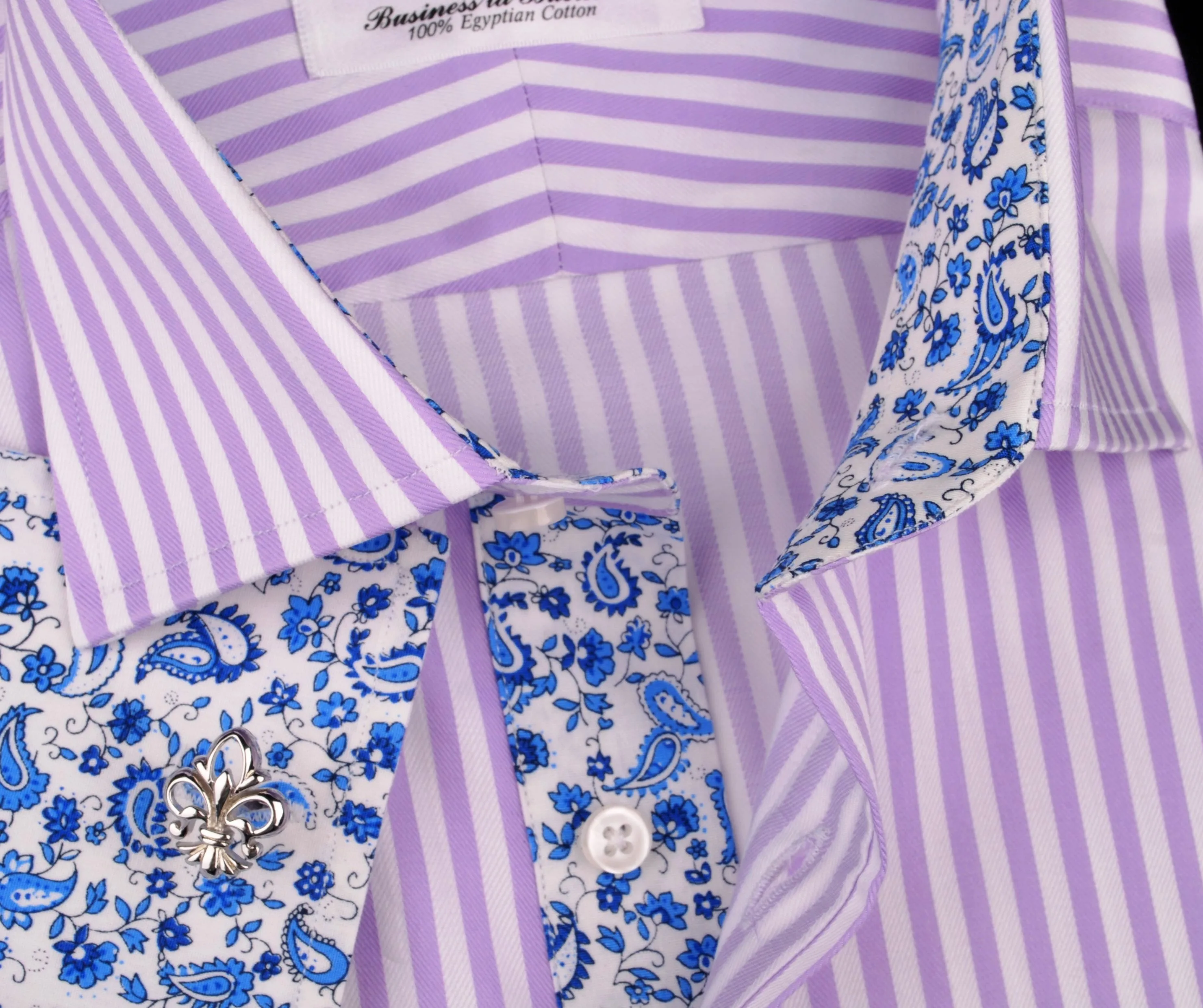 Lilac White Herringbone Formal Business Dress Shirt in Luxury Herringbone Stripe and French Double Cuffs