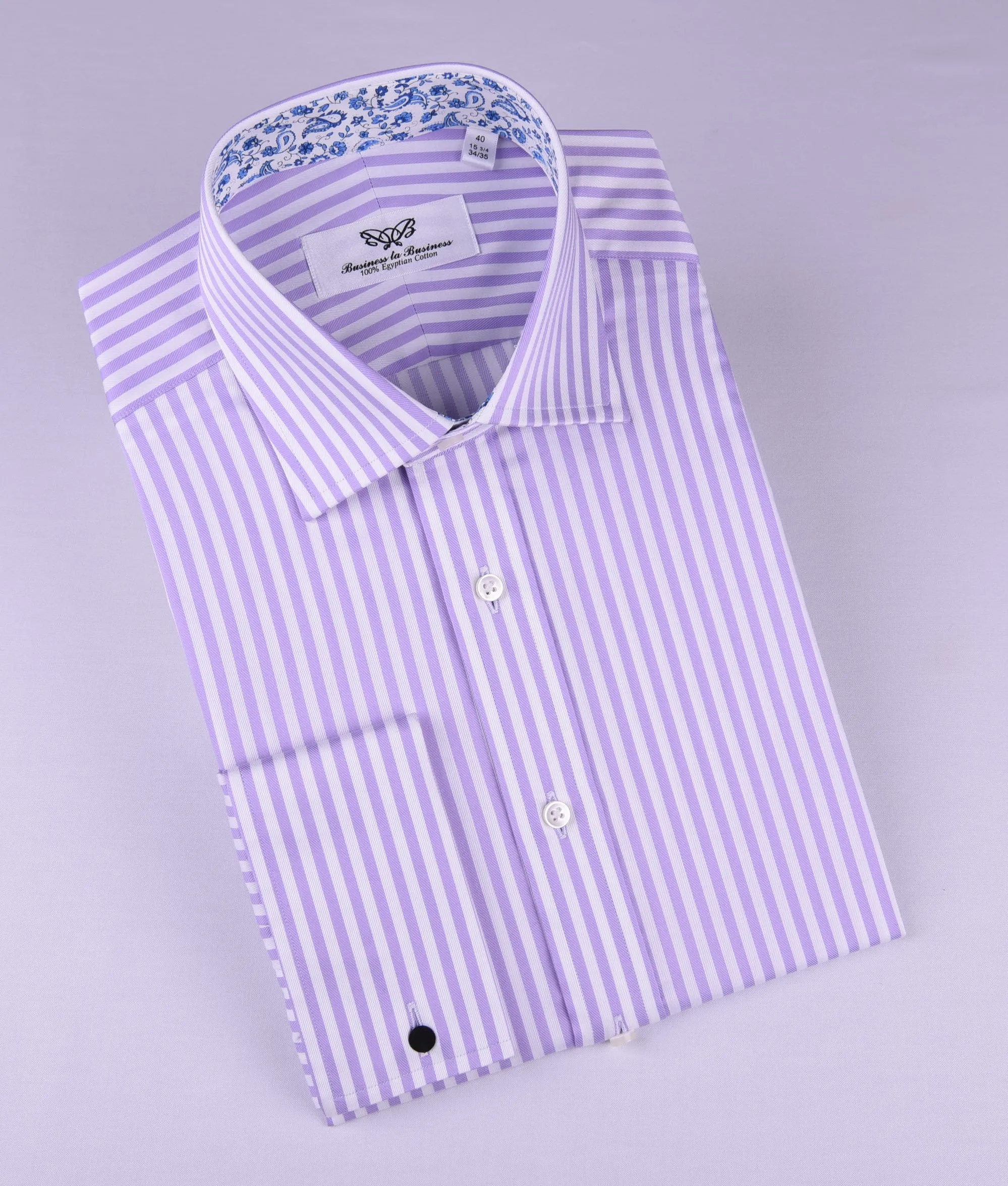 Lilac White Herringbone Formal Business Dress Shirt in Luxury Herringbone Stripe and French Double Cuffs