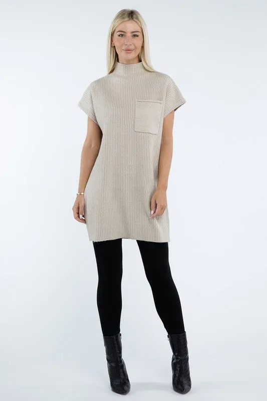 Mock Neck Short Sleeve Sweater Dress with Pocket