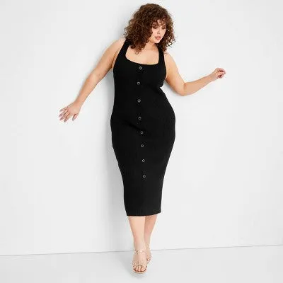 New - Women's Button-Front Ribbed Midi Dress - Future Collective with Jenee Naylor Black 2X