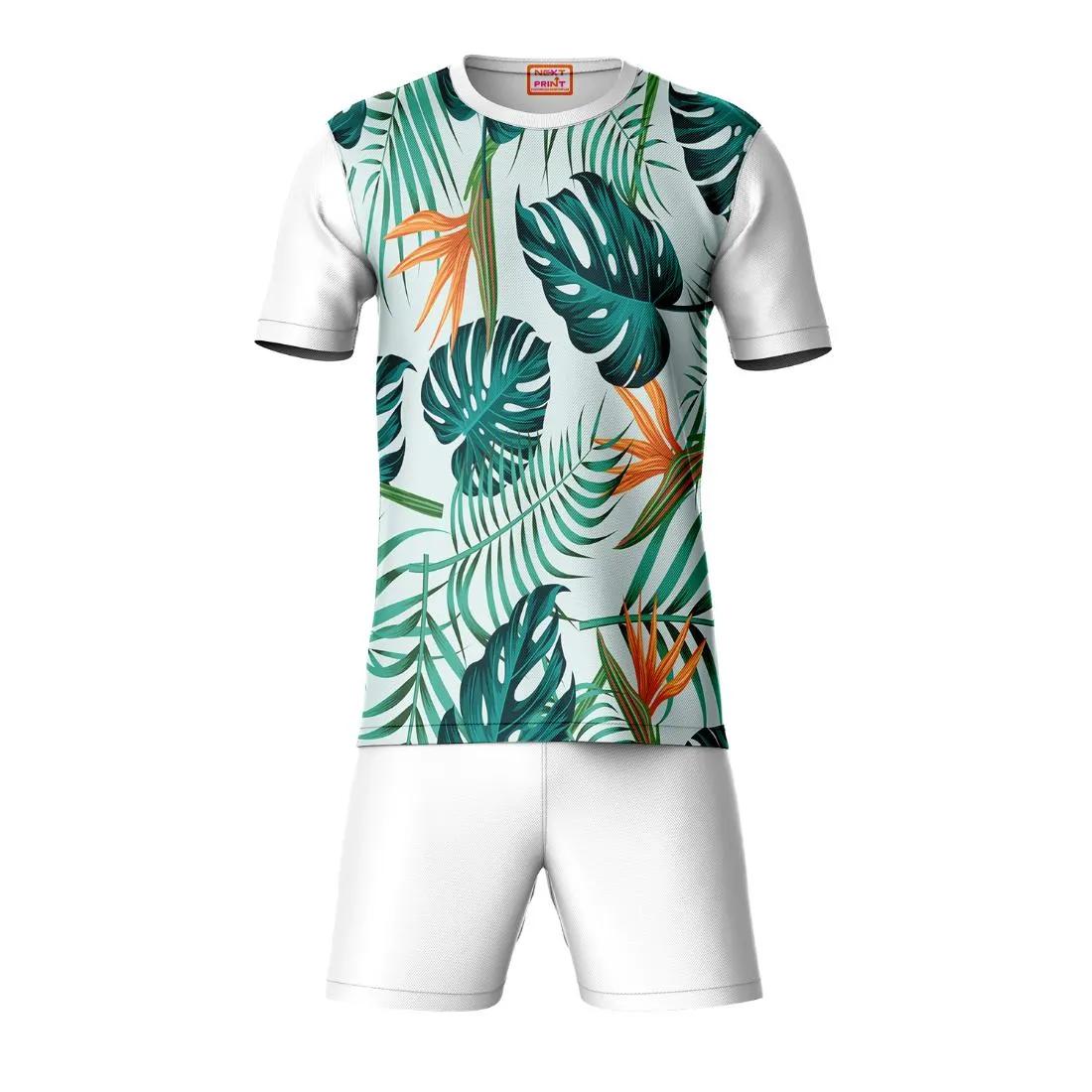 Next Print Round neck jersey white with shorts NPTS59