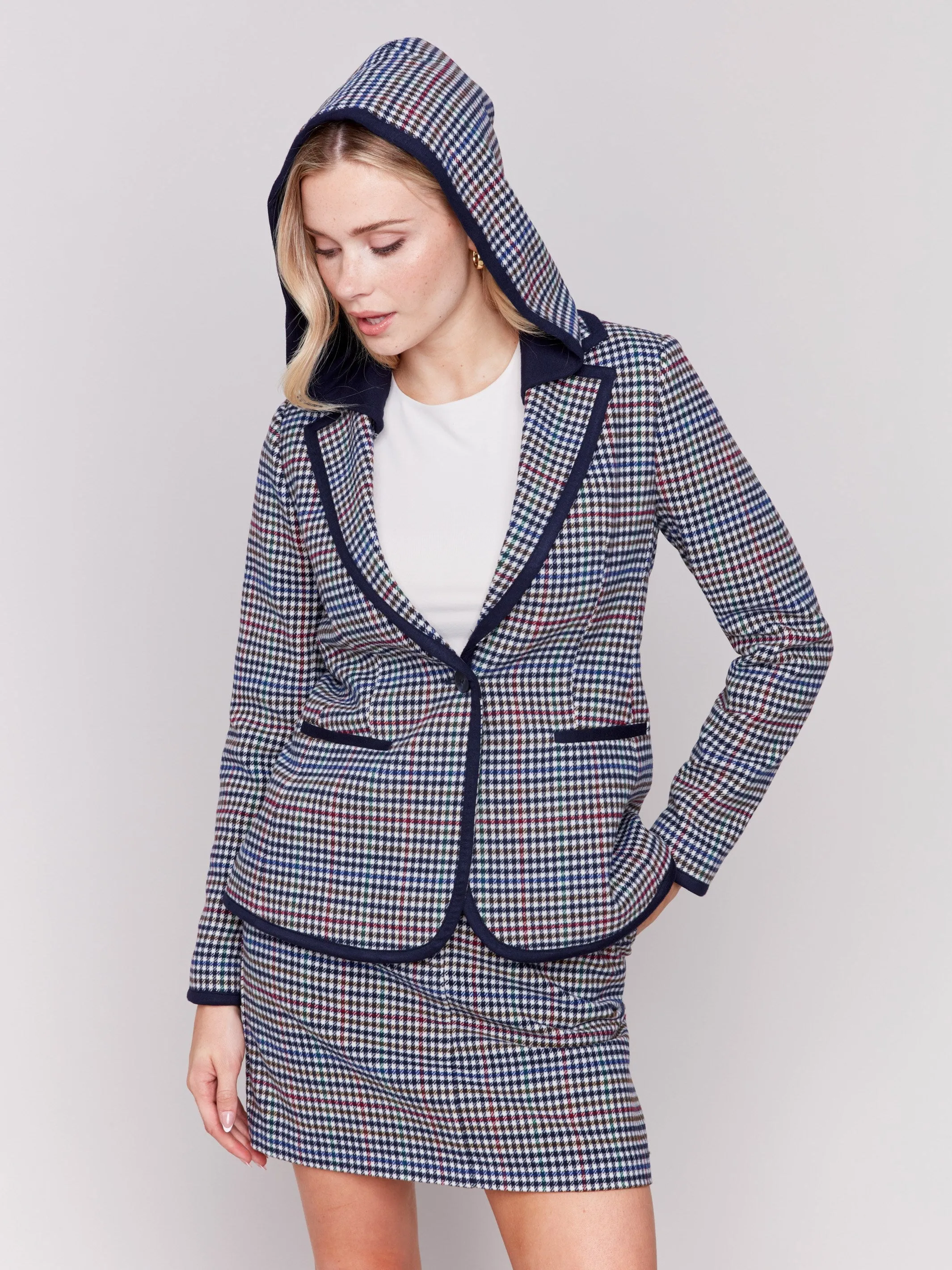 Plaid Woven Blazer with Hood - Almond