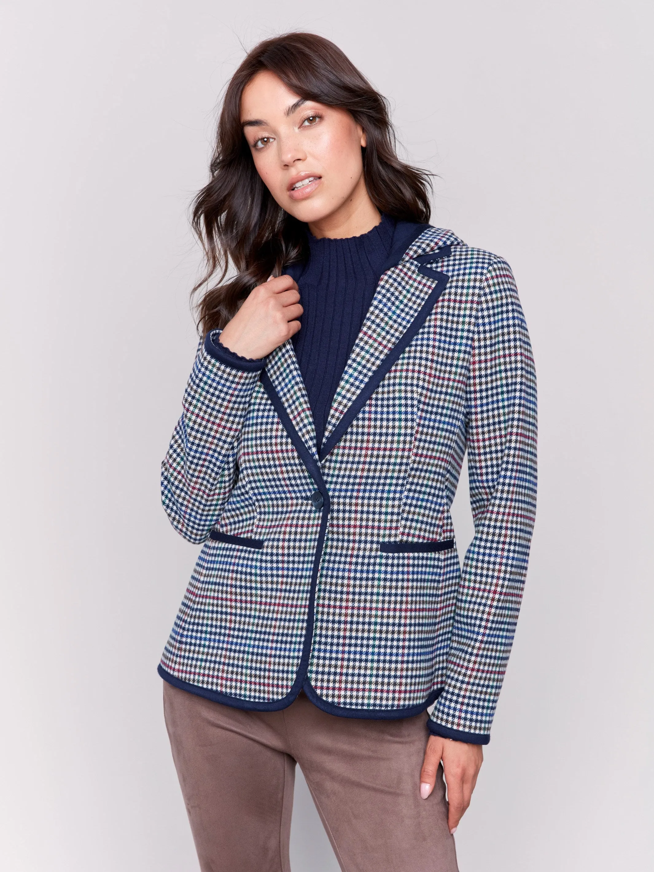 Plaid Woven Blazer with Hood - Almond