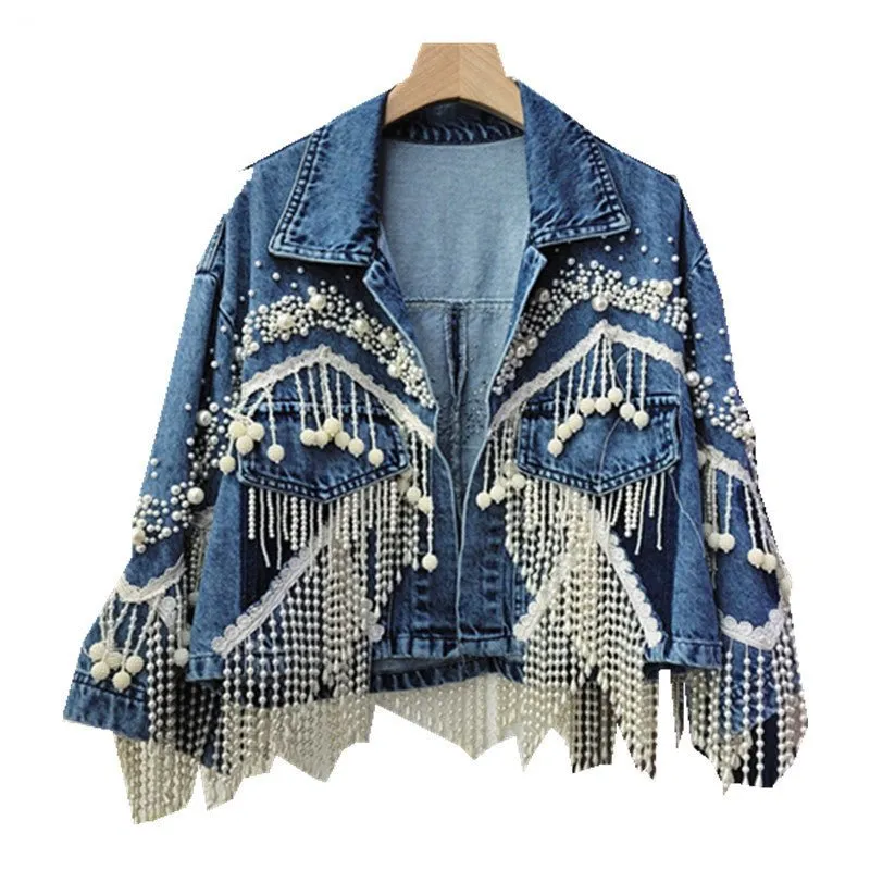 Pre Order:  Beaded Tassels Short Denim Jacket