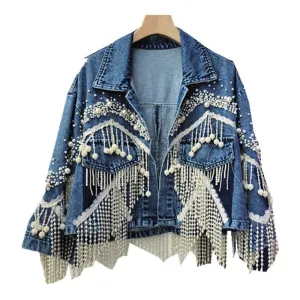 Pre Order:  Beaded Tassels Short Denim Jacket