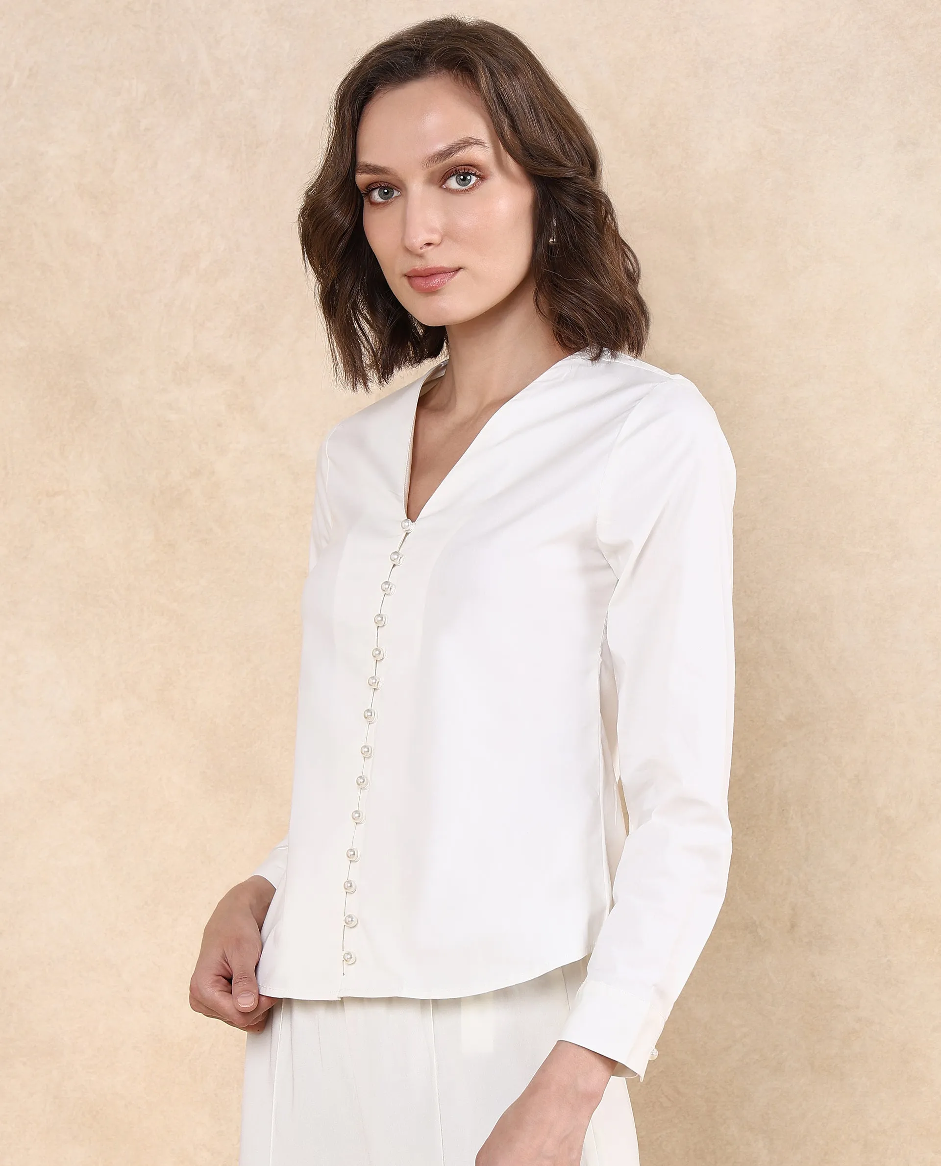 Rareism Women Starbs Off White Poplin Fabric Cuffed Sleeve V-Neck Button Closure Regular Fit Plain Top