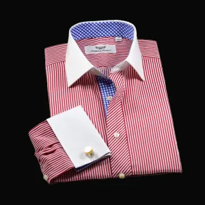 Red Striped Contrast Formal Business Dress Shirt Wrinkle Free Plaids & Checks French in Double Cuffs