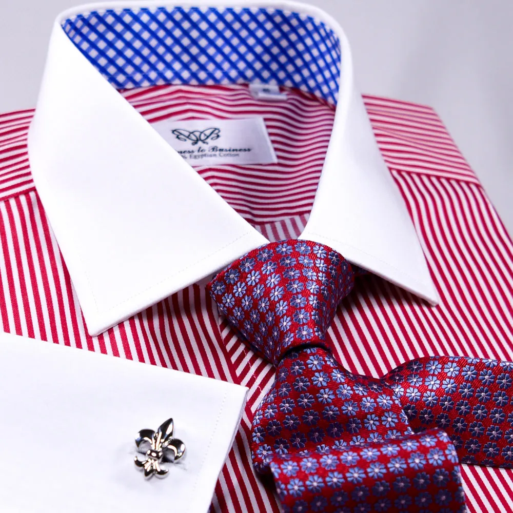 Red Striped Contrast Formal Business Dress Shirt Wrinkle Free Plaids & Checks French in Double Cuffs