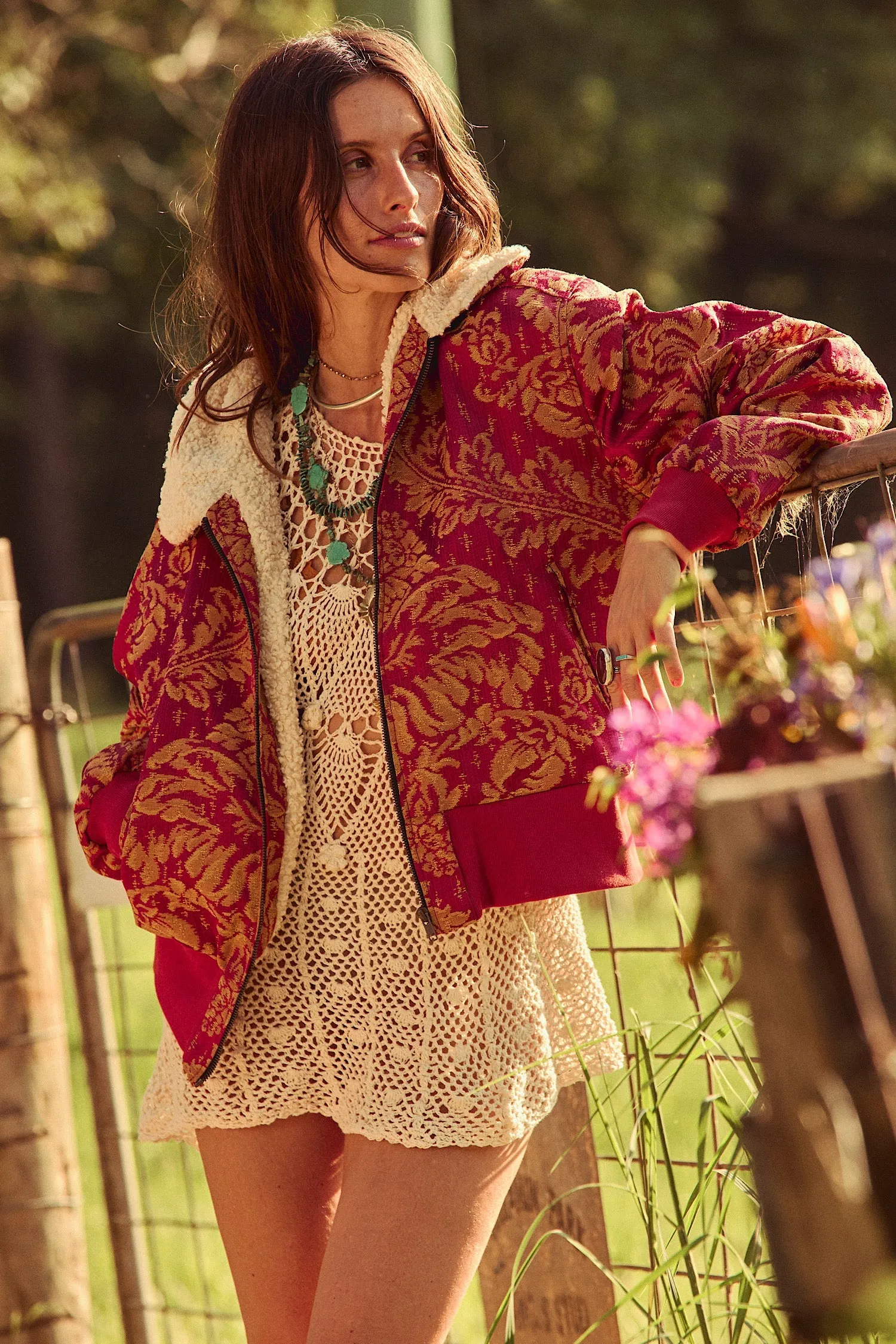 Right Here, Right Now Tapestry Bomber Jacket - Persimmon