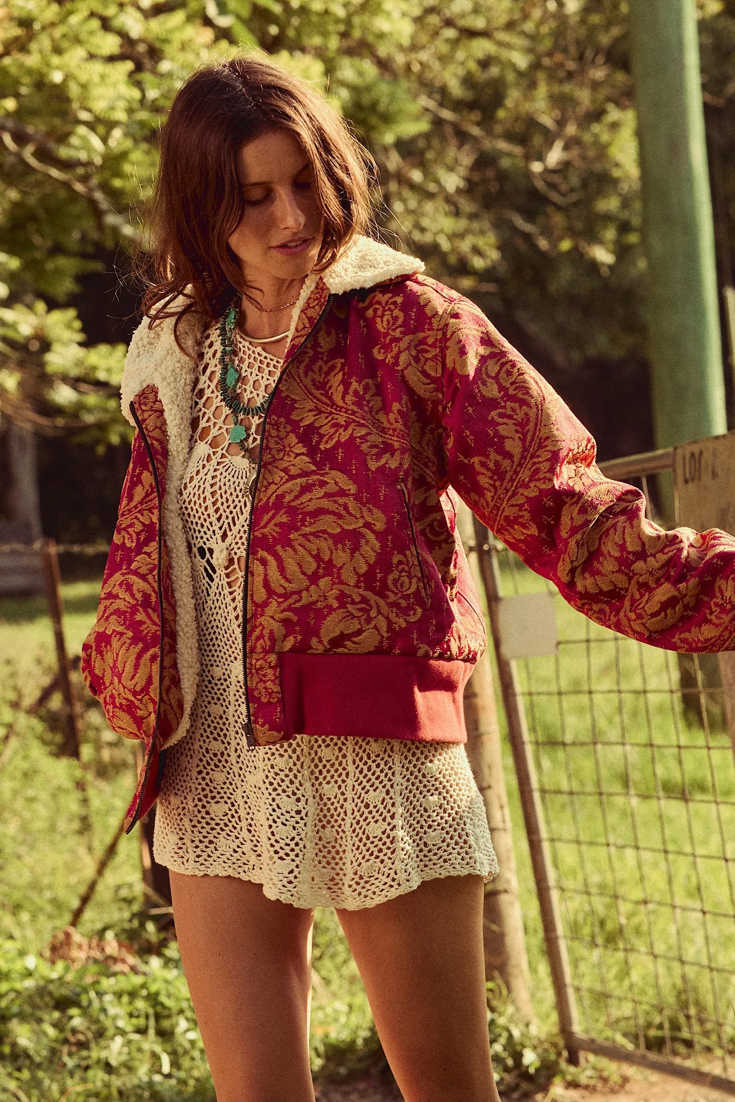 Right Here, Right Now Tapestry Bomber Jacket - Persimmon